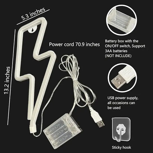 Lightning LED neon light, USB/battery powered, bedroom, gaming room, living room, office, wedding, birthday, party supplies